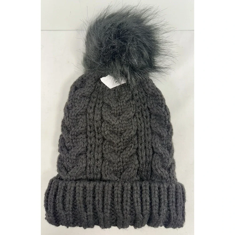 Time and Tru Cable Knit‎ Beanie Winter Hat Faux Fur Pom Black One Size New